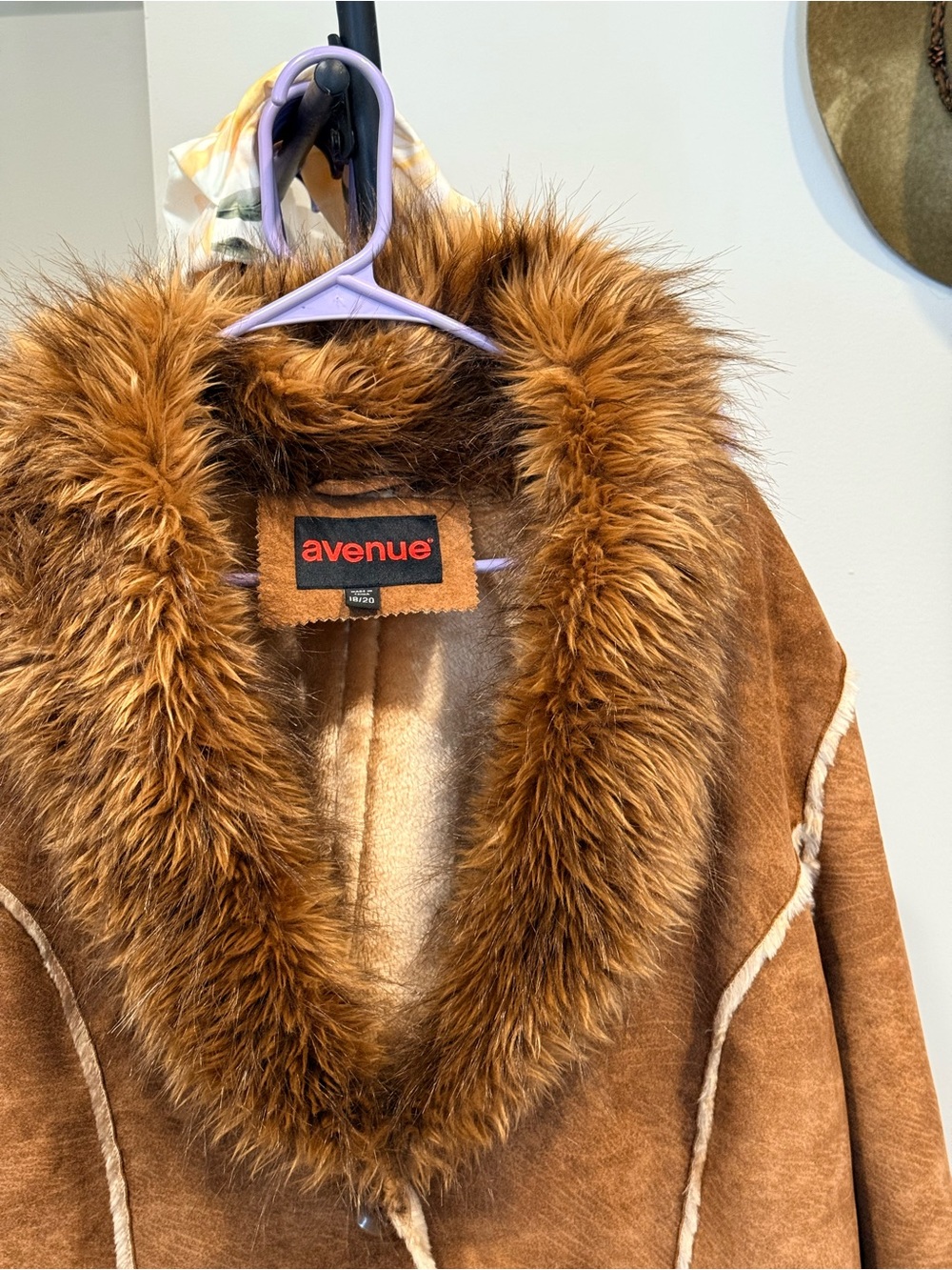 Avenue Brown Tan Faux-Suede Jacket with Faux-Fur Trim